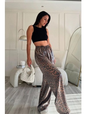 Zf Butik Kadın Leopar Desenli Bol Paça Saten Pantolon Kahverengi