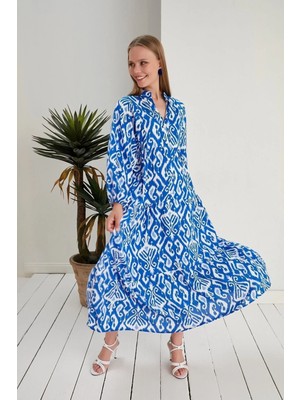 Zf Butik Hakim Yaka Düğmeli Desen Elbise Oversize