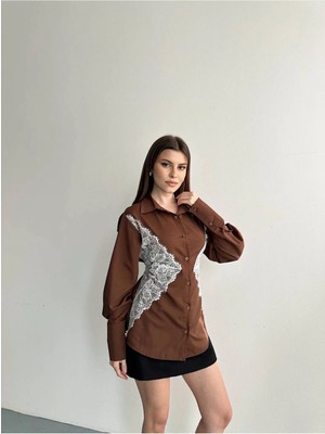 Zf Butik Kadın Gömlek Dantel Detaylı Kontrast Kesim Kahverengi