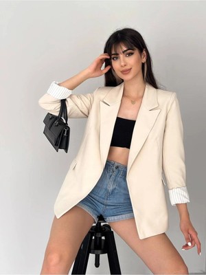 Zf Butik Kadın Bej Kruvaze Yaka Düğmesiz Cepli Astarlı Blazer Ceket