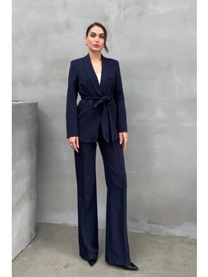 Zf Butik Kadın Ikili Kuşaklı Blazer Ceket Pantolon Takım Koyu Lacivert