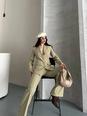 Zf Butik Kadın 4 Düğmeli Ceket Pantolon Takım Haki