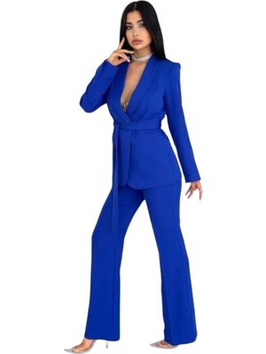 Zf Butik Kadın Lacivert Çizgili Kemerli Şal Yaka Blazer Ceket ve Boru Paça Pantolon Takım
