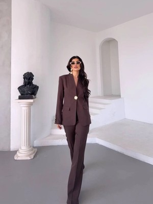 Zf Butik Kadın Blazer Ceket Pantolon Takım Kahverengi Tek Düğmeli