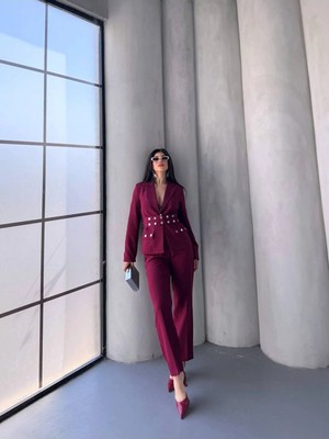 Zf Butik Kadın Ceket Pantolon Takım Bordo Çift Cep Bel Ayarlı