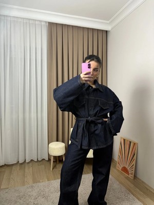 Zf Butik Koyu Mavi Belden Bağlamalı Denim Takım