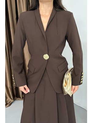Zf Butik Kadın Blazer Ceket Etek Takım Kahverengi
