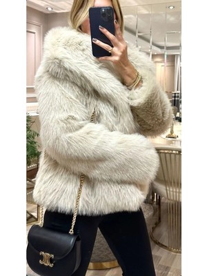 Zf Butik Kadın Suni Kürk Kaban Taş Rengi Astarlı Soğuk Hava