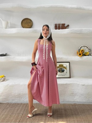 Zf Butik Kadın Kare Yaka Askılı Midi Boy Pembe Yazlık Elbise