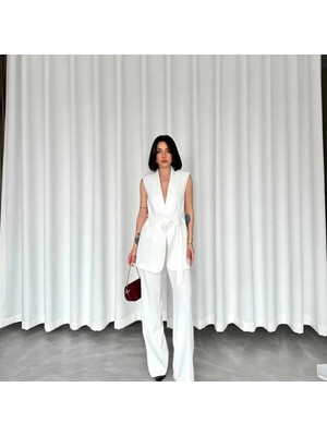 Zf Butik Beyaz Kuşaklı Yelek ve Palazzo Pantolon Takım