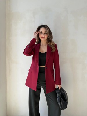 Zf Butik Kadın Bordo Blazer Ceket Double Kumaş Boyfriend Kesim