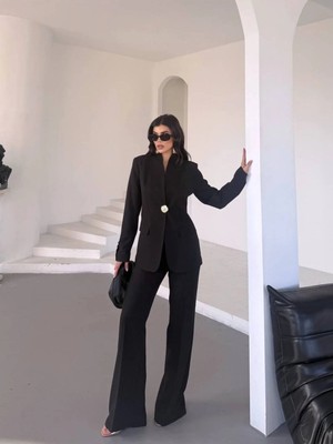 Zf Butik Kadın Blazer Ceket Pantolon Takım Tek Düğmeli Siyah Pamuklu