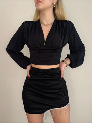 Zf Butik Kadın Kruvaze Bel Lastikli Crop Siyah