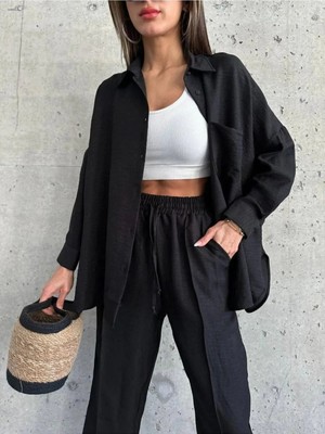 Zf Butik Kadın Keten Gömlek Pantolon Takım Siyah Oversize
