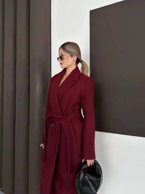 Zf Butik Kadın Kaşe Kaban Bordo Beli Kuşaklı