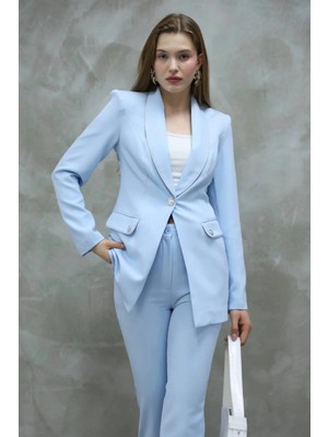 Zf Butik Kadın Gümüş Detay Klasik Ceket Pantolon Takım Bebe Mavi