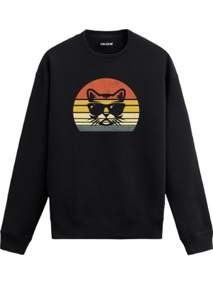 Colermi Retro Güneş Gözlüklü Kedi Baskılı Sweatshirt —
