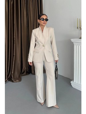 Zf Butik Kadın Blazer Ceket Takım Bej Gold Düğmeli