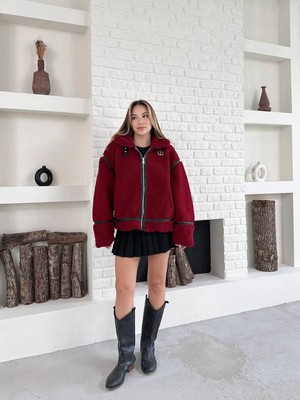 Zf Butik Kadın Oversize Uzun Peluş Mont Bordo