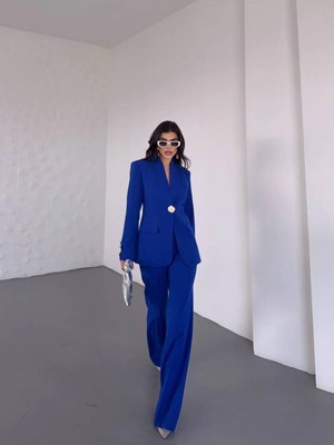 Zf Butik Kadın Tek Düğmeli Blazer Ceket Pantolon Takım Lacivert Pamuklu