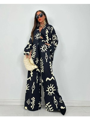 Zf Butik Kadın Alt Üst Desenli Takım Siyah Viskon
