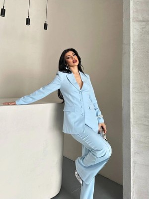 Zf Butik Kadın 4 Düğmeli Ceket Pantolon Takım Mavi