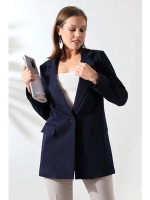 Zf Butik Tek Düğmeli Blazer Ceket Koyu Lacivert Dokuma Kumaş