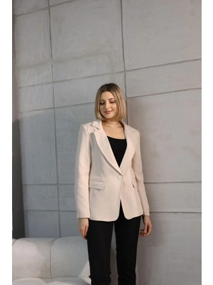 Zf Butik Kadın Bej Kısa Düğmeli Blazer Ceket Polyester