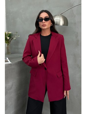 Zf Butik Kadın Blazer Ceket Bordo Rahat Kalıp Astarlı Tek Düğmeli