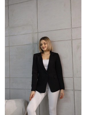 Zf Butik Kadın Kısa Düğmeli Blazer Ceket Siyah Polyester