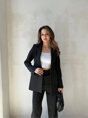 Zf Butik Kadın Siyah Blazer Ceket Regular Kesim Double Kumaş