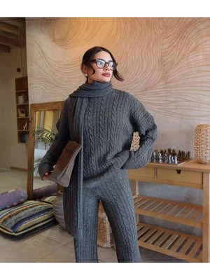 Zf Butik Dgn's Saç Örgülü Atkılı 3'lü Kadın Triko Takım Siyah-Ekru-Kahve-Bordo-Füme