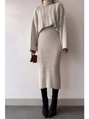 Zf Butik Kadın Crop Kazak Triko Elbise Takım Boğazlı Bej Örgü Desenli