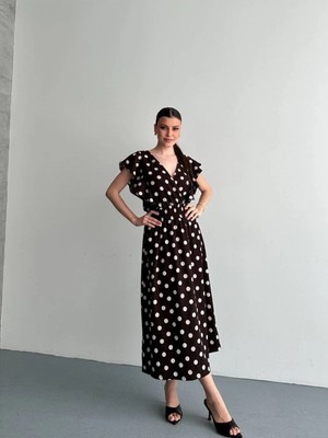 Zf Butik Puantiye Desenli Kruvaze Yaka Midi Elbise Kahverengi