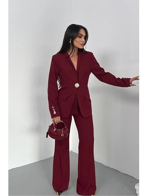 Zf Butik Kadın Blazer Ceket Takım Bordo Gold Düğmeli Iş Kıyafeti