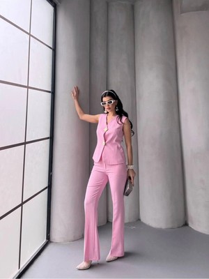 Zf Butik Kadın Düğmeli Yelek Pantolon Takım Pembe Ofis Kombini