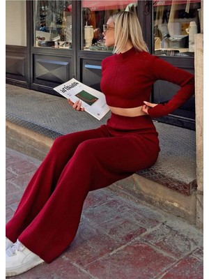Zf Butik Kadın Bordo Crop Pantolon Takım Reglan Kesim Boru Paça