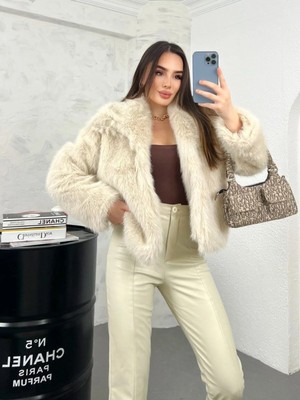 Zf Butik Kadın Şal Yaka Suni Kürk Kaban Krem