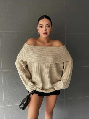 Zf Butik Gart Butik Degaje Madonna Yaka Fitilli Triko Kazak Bej
