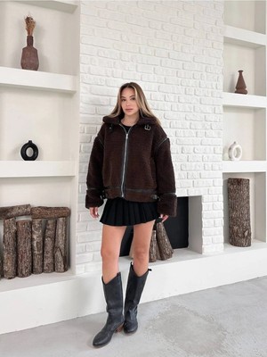 Zf Butik Kadın Oversize Uzun Peluş Mont Kahverengi