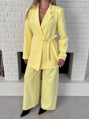 Zf Butik Kadın Kuşaklı Blazer Ceket Pantolon Takım Sarı Ikili Set