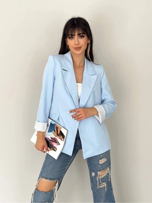 Zf Butik Kadın Kruvaze Yaka Bebek Mavisi Blazer Ceket Cepli Astarlı