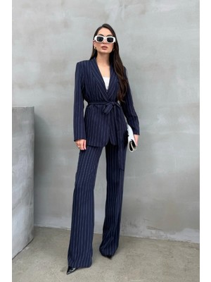 Zf Butik Kadın Çizgili Blazer Ceket Pantolon Takım Lacivert