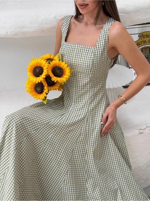 Zf Butik Kadın Kare Yaka Askılı Midi Boy Yazlık Elbise Haki