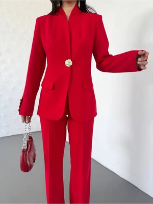 Zf Butik Kadın Blazer Ceket Pantolon Takım Tek Düğmeli Kırmızı Pamuklu