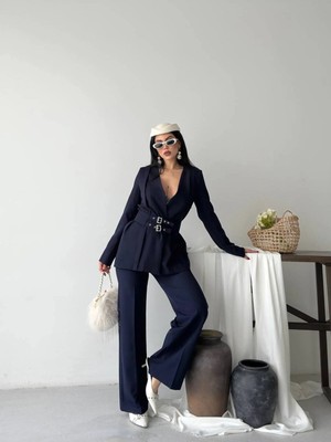 Zf Butik Kadın Kemerli Blazer Pantolon Ikili Takım Lacivert