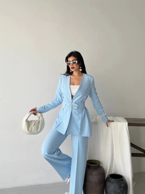 Zf Butik Kadın Blazer Ceket Pantolon Ikili Takım Mavi