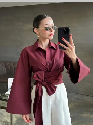 Zf Butik Kadın Ispanyol Kol Beli Kuşaklı Gömlek Bordo