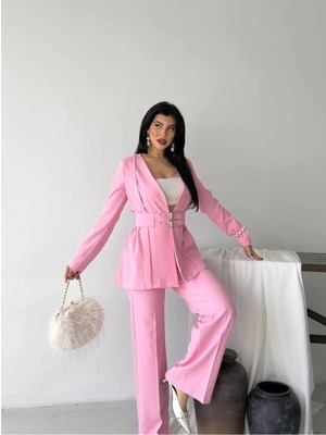Zf Butik Kadın Kemerli Blazer Pantolon Ikili Takım Pembe