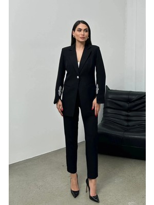 Zf Butik Kadın Taş Detaylı Ikili Boru Paça Blazer Ceket Pantolon Takım